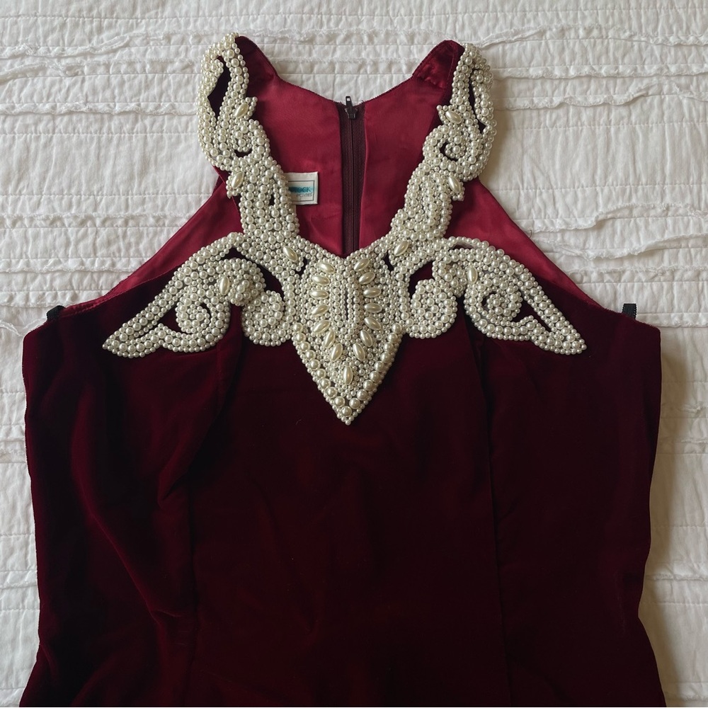 Vintage Velvet Burgundy Dress with Pearl Embellished Neckline - Made in USA